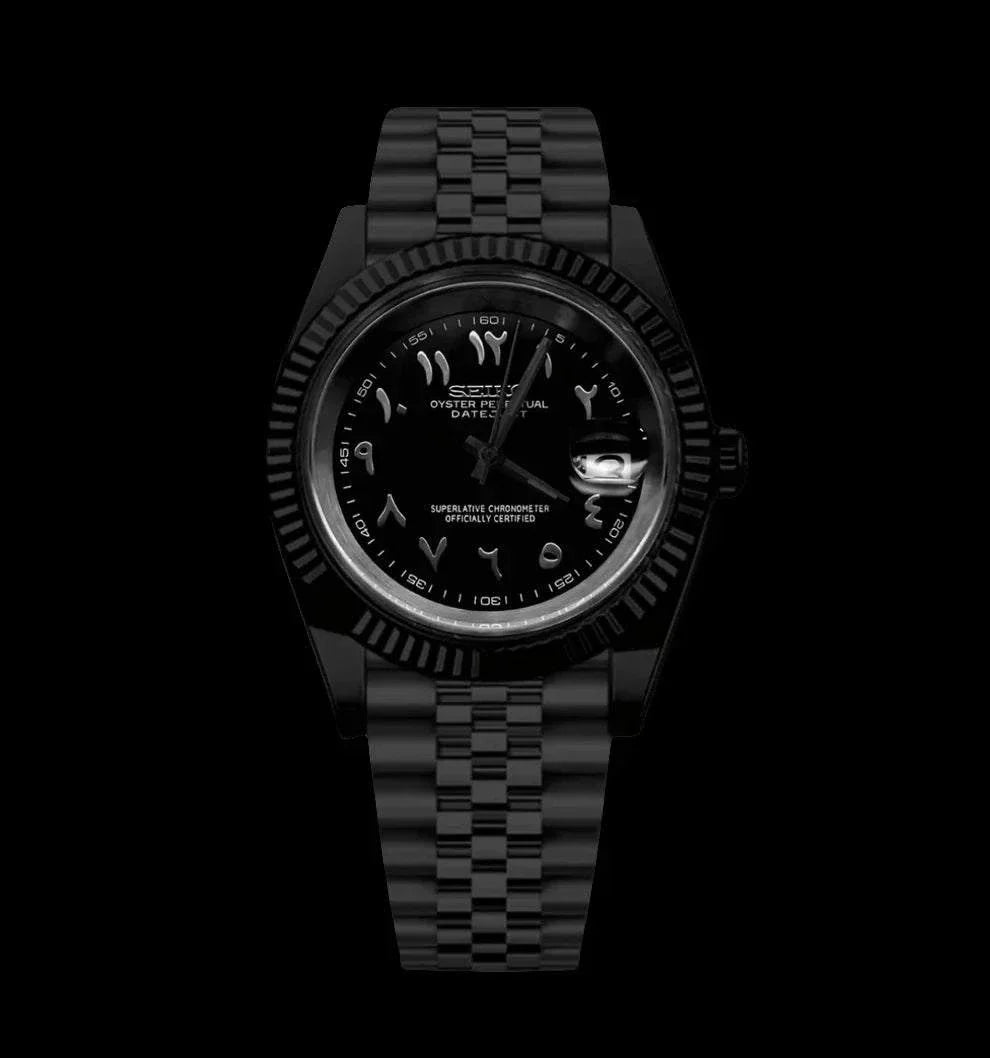 Seiko Mod Datejust black panther Arabic numeral watch with stainless steel band and fluted bezel