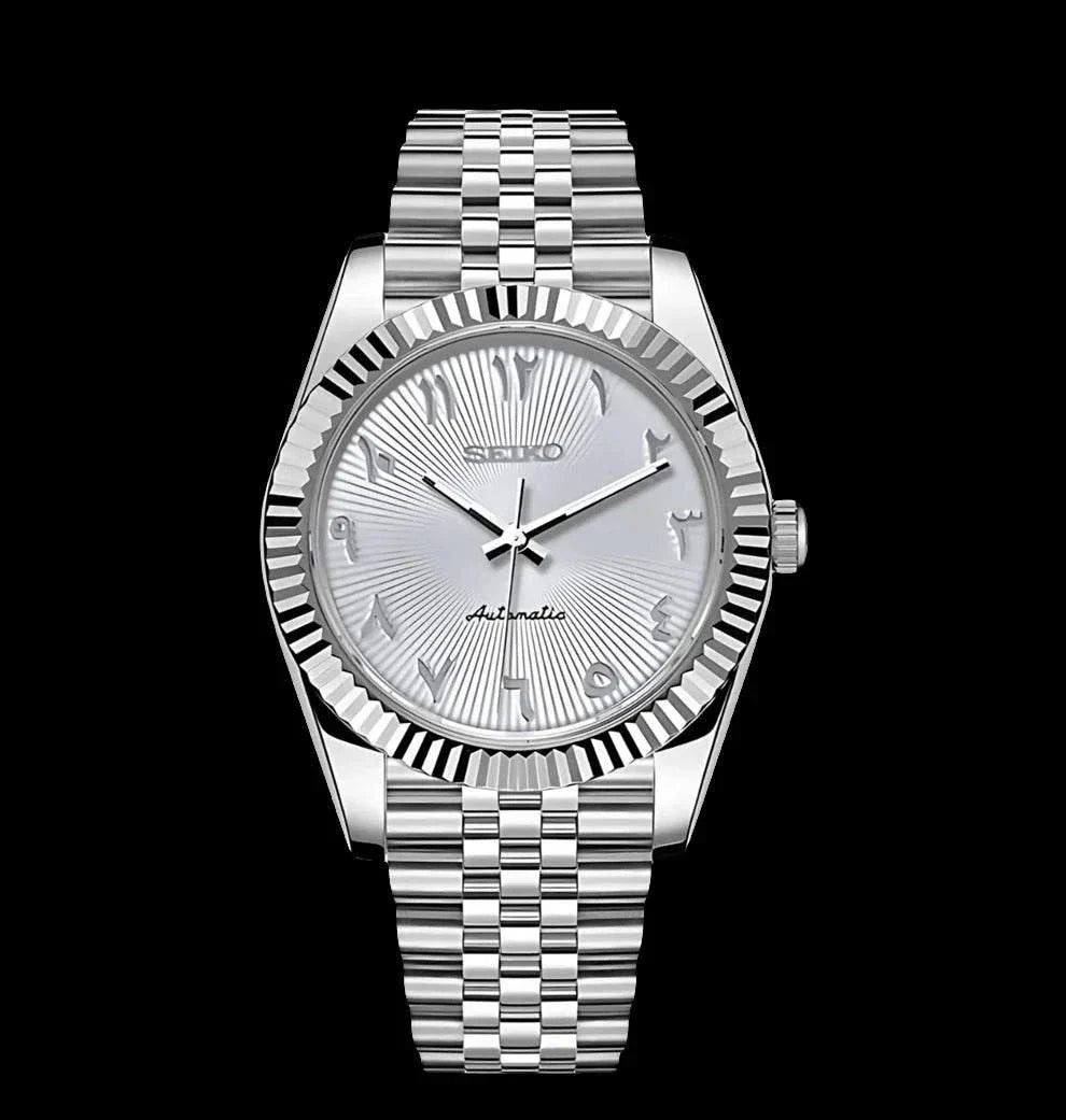 Seiko Mod Datejust white Arabic dial watch with fluted bezel and stainless steel Jubilee bracelet