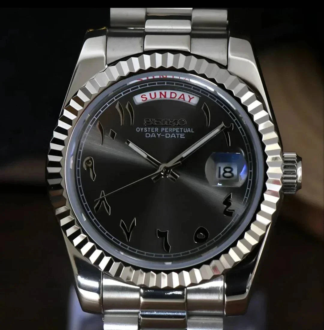 Seiko Mod Day Date black Arabic numeral watch with silver stainless steel band and day-date display