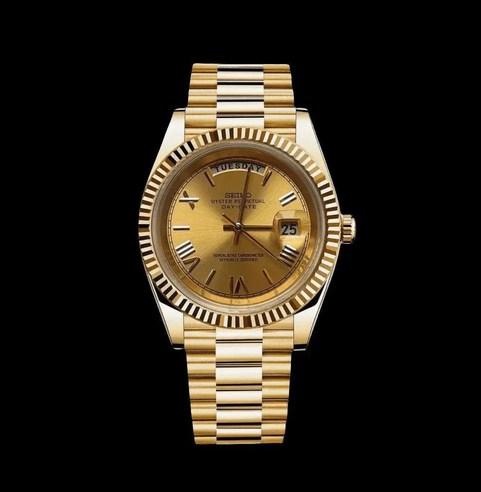 Seiko Mod Day-Date full gold watch with fluted bezel and adjustable bracelet