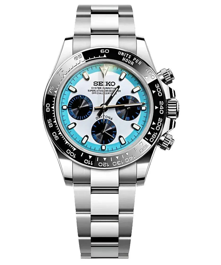 Seiko Mod Daytona Artic Racer watch with silver stainless steel case and panda white dial