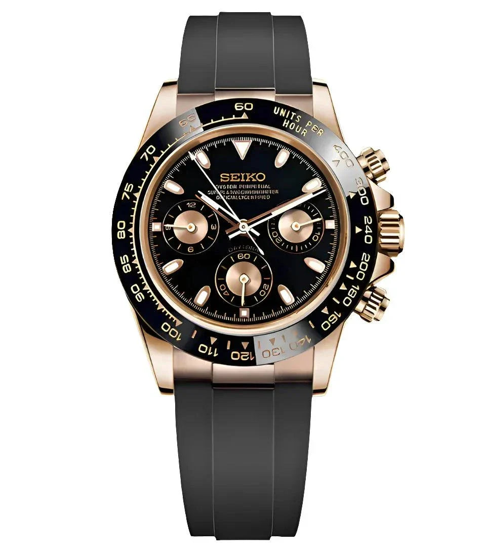 Daytona Watch Mod Black Rose Edition with rose gold case, black dial, ceramic bezel, and black rubber strap