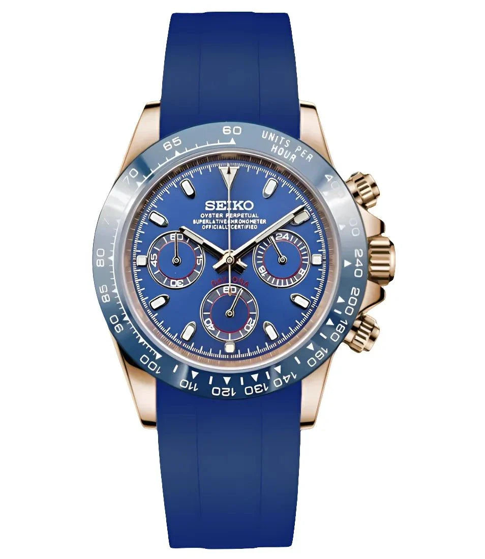 Daytona Watch Mod Blue Rose Edition with royal blue dial, Seiko VK63 hybrid movement, ceramic bezel, and blue strap