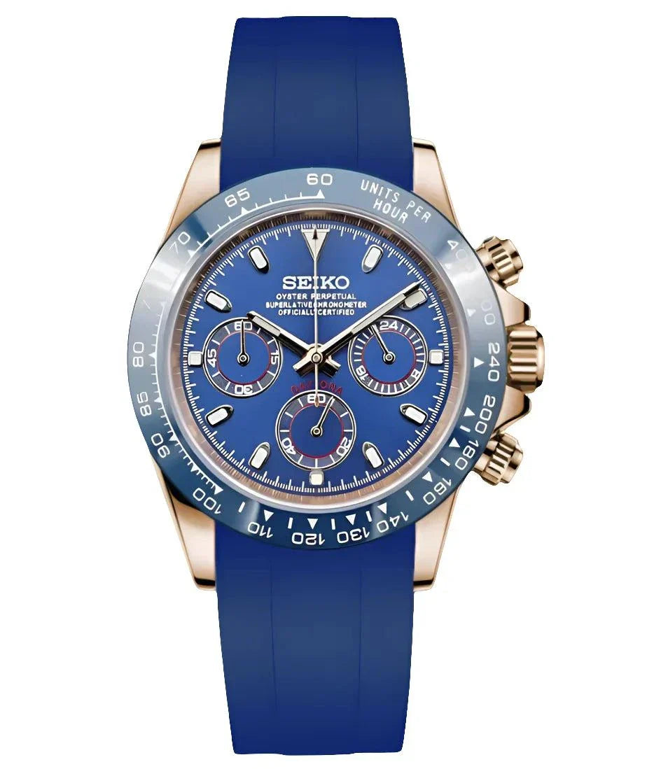 Daytona Watch Mod Blue Rose Edition with royal blue dial, ceramic bezel, and blue strap