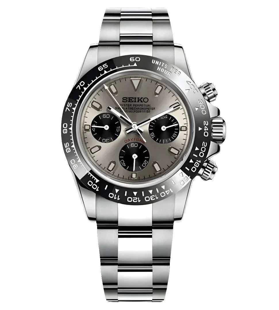 Seiko Daytona Watch with champagne dial, hybrid Seiko VK63 movement, stainless steel bracelet, and ceramic bezel