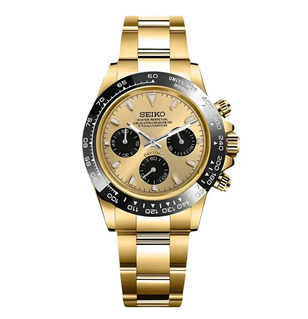 Seiko Mod Daytona Gold black dial chronograph watch with gold stainless steel bracelet