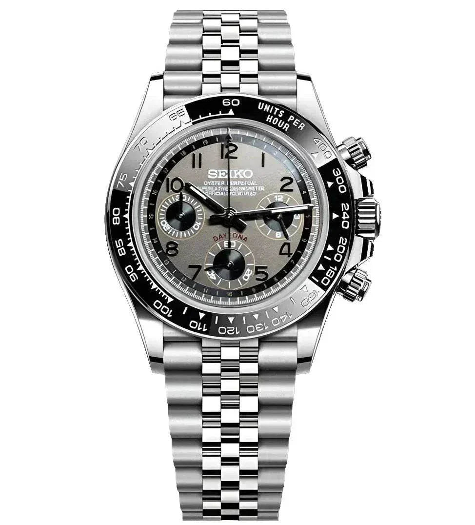 Seiko Mod Daytona Gunsmoke Watch with silver stainless steel case and bracelet, black ceramic bezel, and chronograph sub-dials
