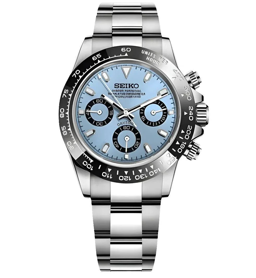Seiko Mod Daytona Watch Ice Blue Edition with stainless steel bracelet and ceramic bezel