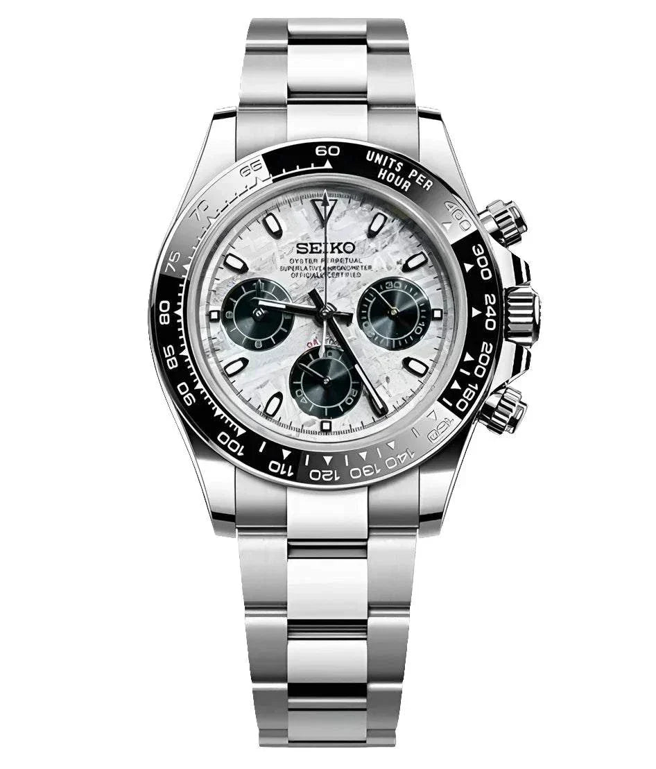 Seiko Mod Daytona Meteorite Edition silver watch with panda white dial and ceramic bezel