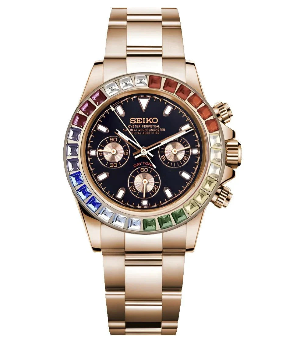 Daytona Watch Mod Rainbow Gold Edition with multicolor ceramic bezel and 904L stainless steel bracelet
