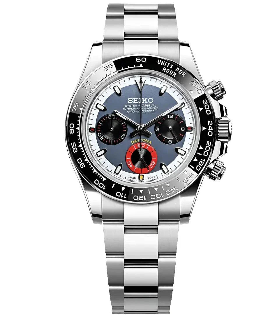 Seiko Mod Daytona Redline Racer Edition watch with silver stainless steel case and bracelet, black ceramic bezel, sapphire crystal, and chronograph sub-dials.