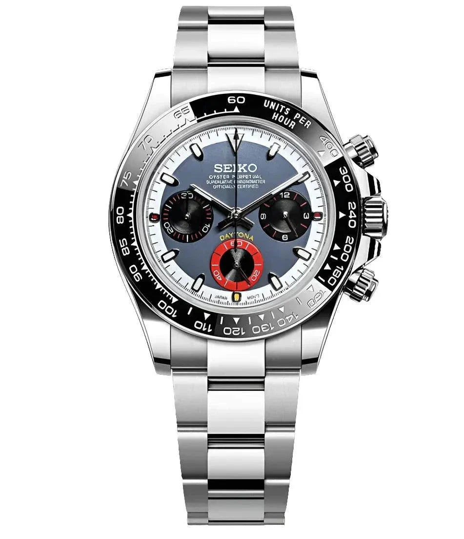 Seiko Mod Daytona Redline Racer Edition silver chronograph watch with stainless steel bracelet and ceramic bezel