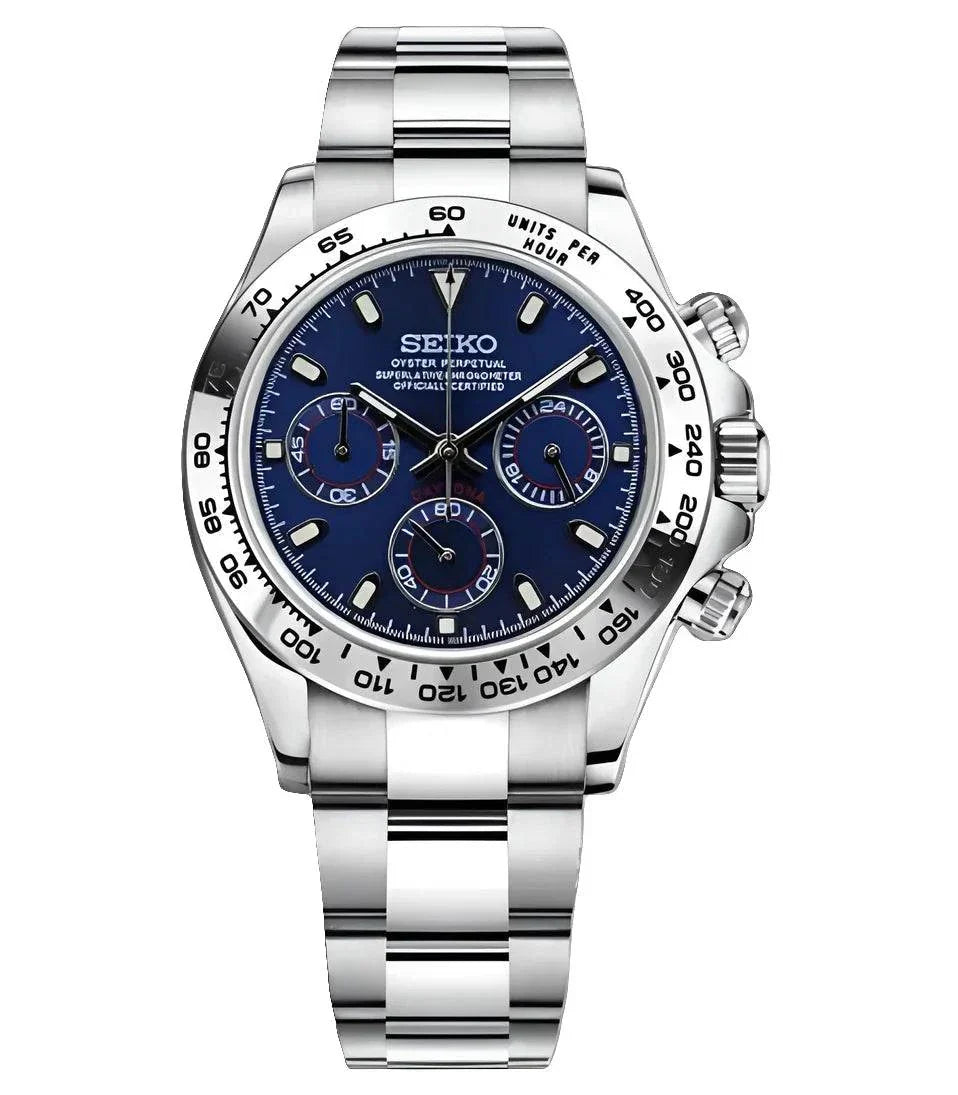Daytona Watch Mod Silver Blue Edition with stainless steel case and bracelet, blue chronograph dial, and sapphire crystal glass.