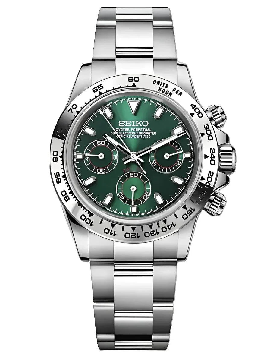 Daytona Watch Mod SEIKO silver green chronograph with stainless steel bracelet and sapphire crystal