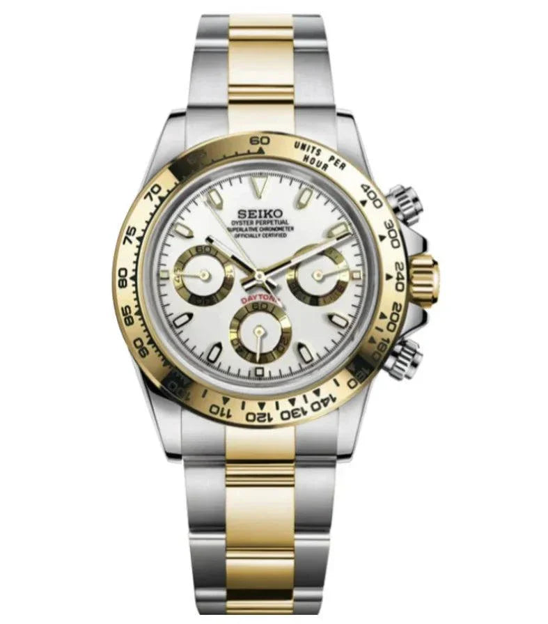 Seiktona Watch Mod Two Tone Gold Edition luxury chronograph with stainless steel and gold bracelet, sapphire crystal, and 40mm case diameter