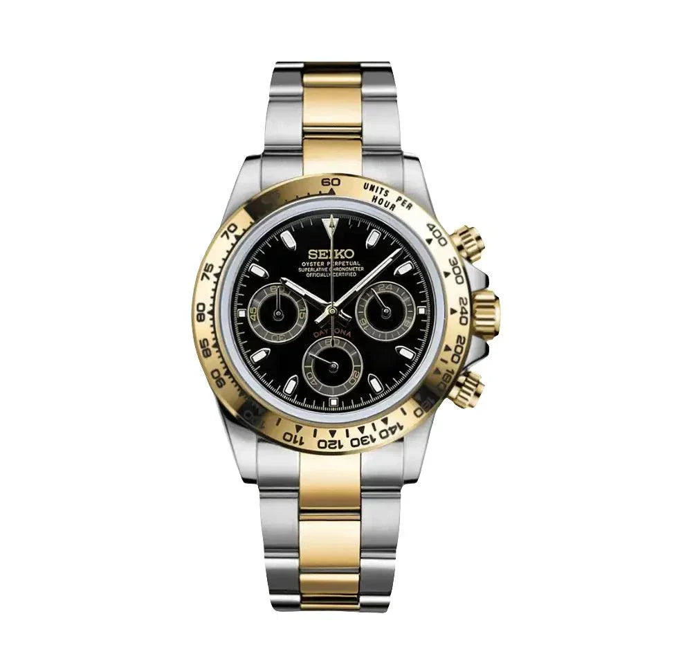 Daytona Watch Mod two-tone stainless steel chronograph with black dial and gold accents