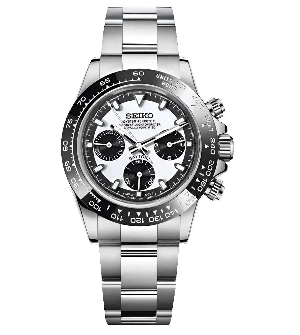 Seiko Daytona Watch Mod white ceramic edition with black bezel and stainless steel bracelet