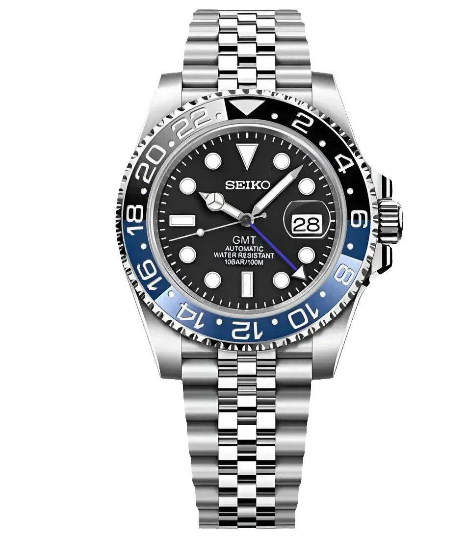 Seiko Custom Mod GMT Batman Watch with black and blue bezel, stainless steel case, and bracelet