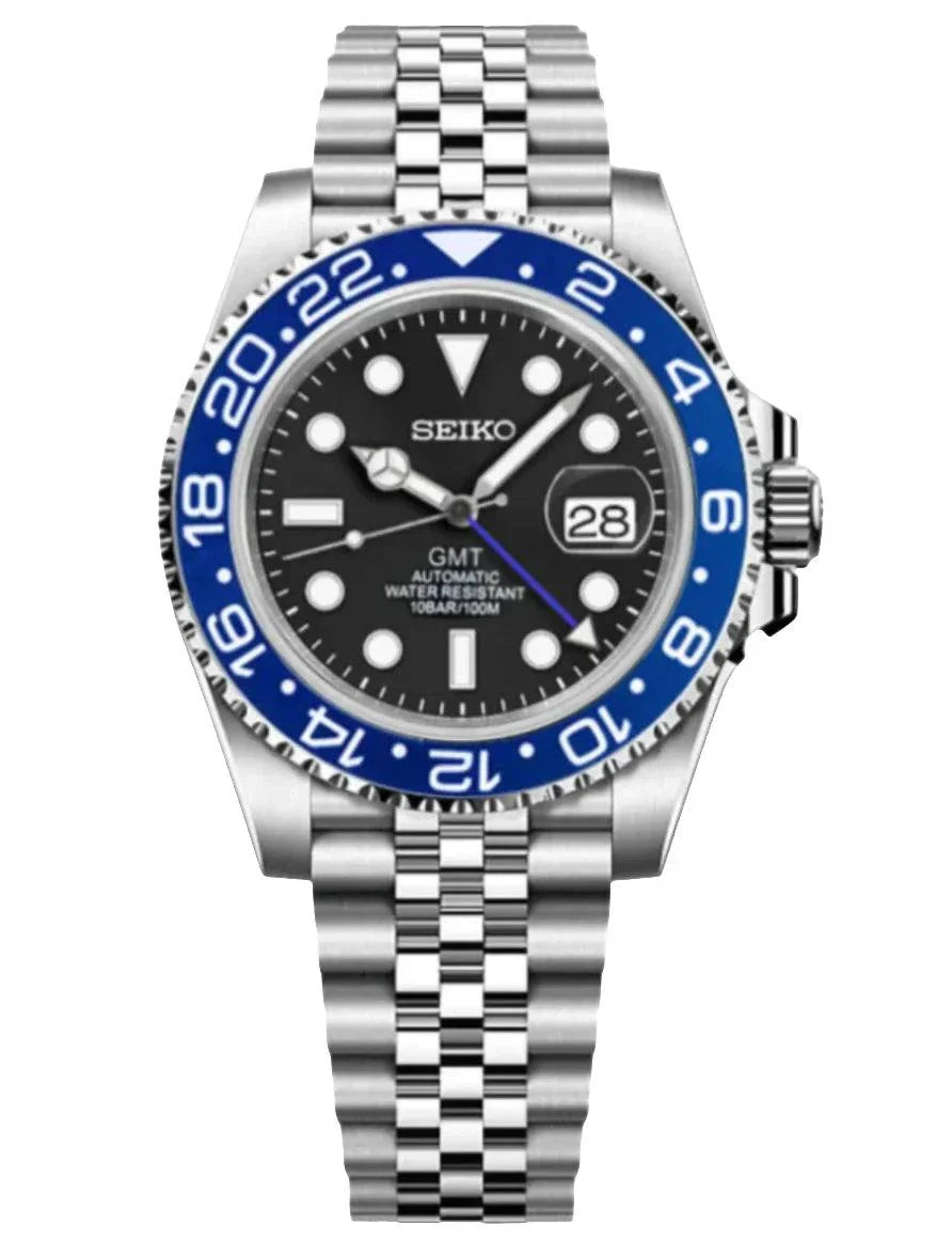 Seiko MOD GMT Blueberry Watch with blue ceramic bezel and stainless steel bracelet