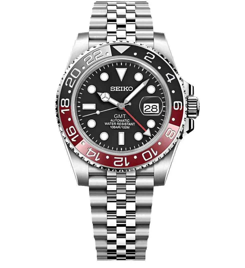 Seiko Custom Mod GMT Coke Watch with stainless steel bracelet and dual time zone function