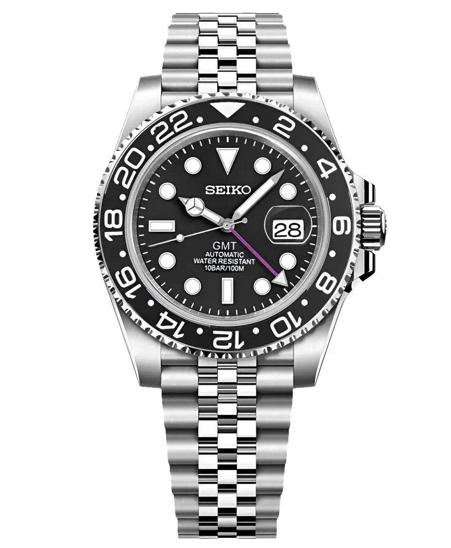 Seiko MOD GMT Hawkeye Edition watch with stainless steel bracelet, black dial, ceramic bezel, and dual time zone function