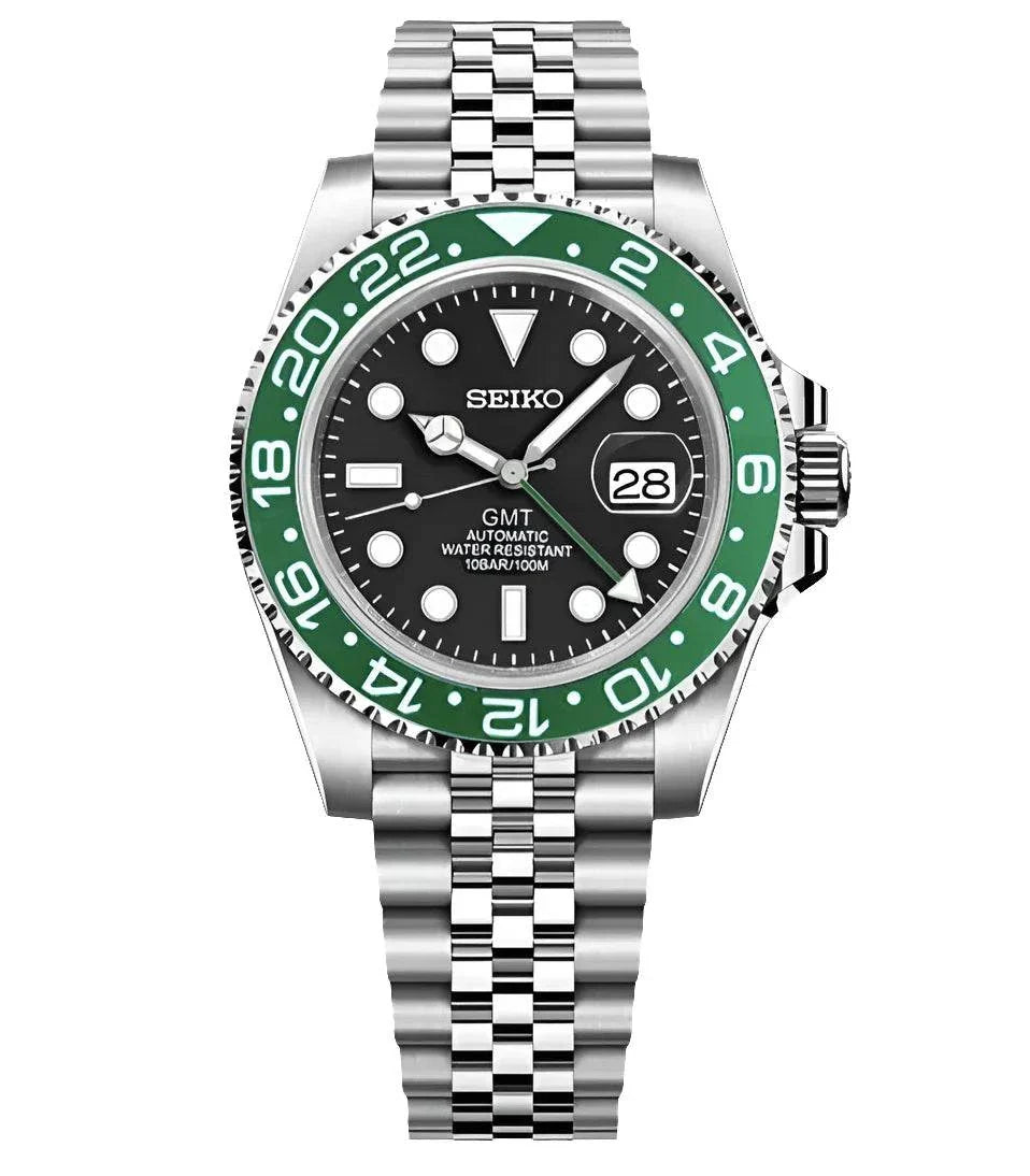 Seiko Mod GMT Kermit Watch with green ceramic bezel, stainless steel bracelet, and automatic movement