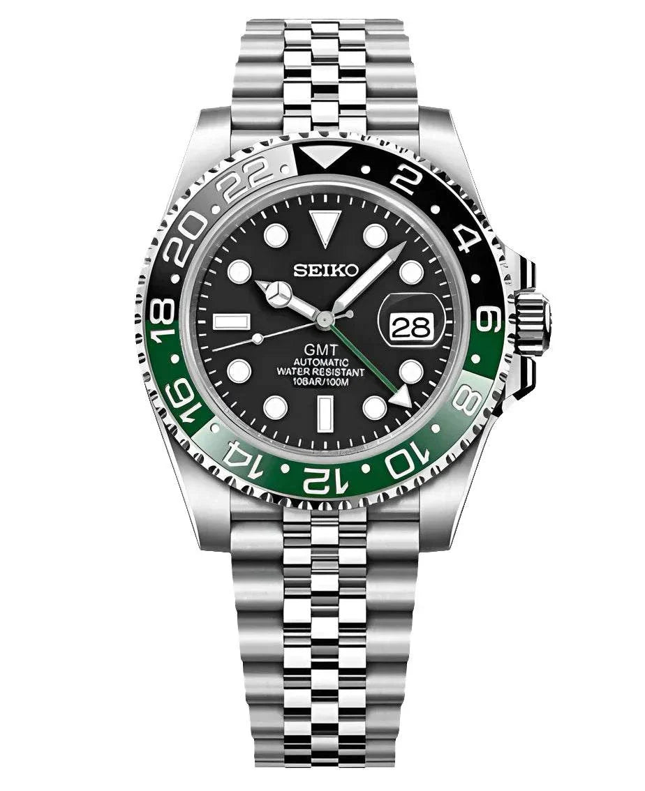 Seiko Custom Mod GMT Sprite Watch with black and green ceramic bezel, stainless steel bracelet, and GMT function