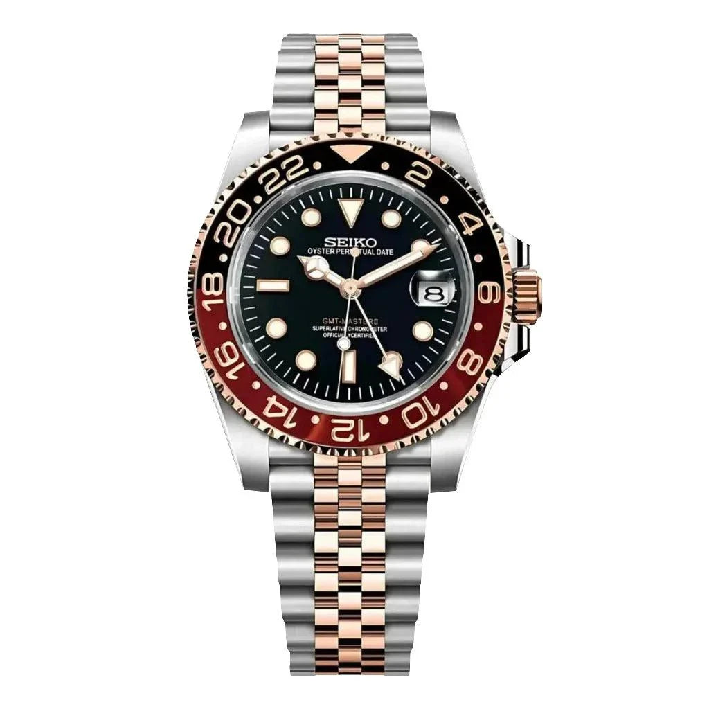 Seiko Custom Mod GMT Two Tone Coke watch with stainless steel and rose gold bracelet, black dial, and ceramic bezel.