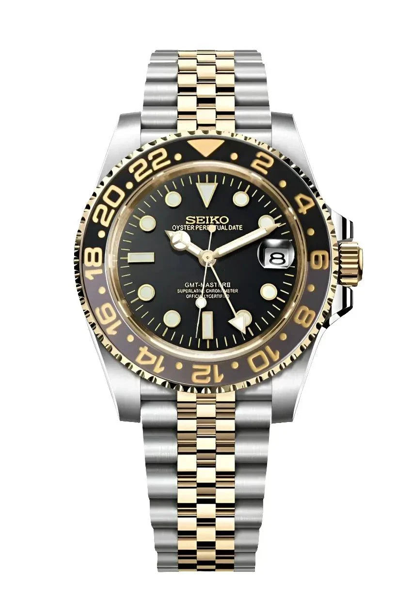 SEIKO MOD GMT Zombie Watch with dual time zone, stainless steel bracelet, scratch-resistant sapphire glass, and gold-black ceramic bezel