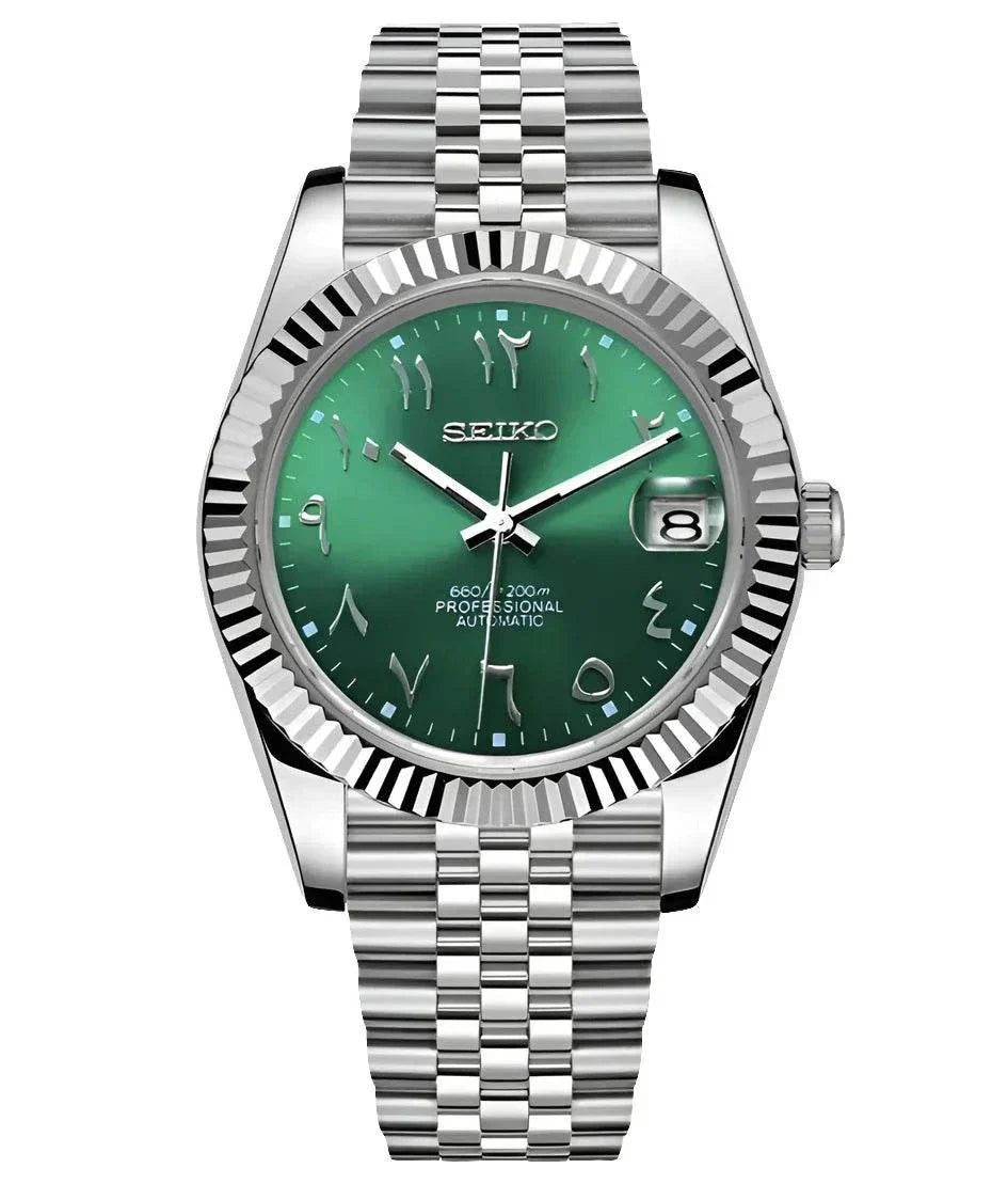 Seiko Datejust Watch with green Arabic dial and stainless steel bracelet