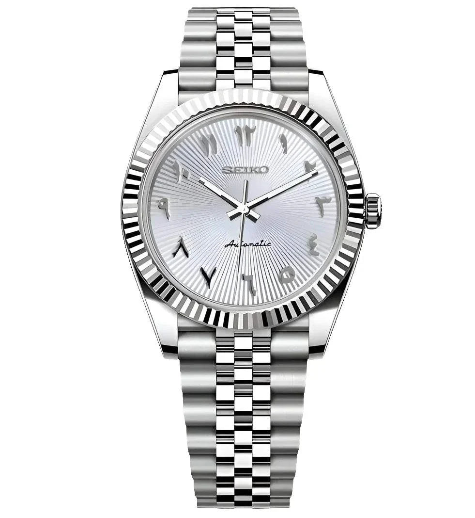 Seiko Mod Ladies Datejust watch with white textured dial and Arabic numerals in stainless steel bracelet