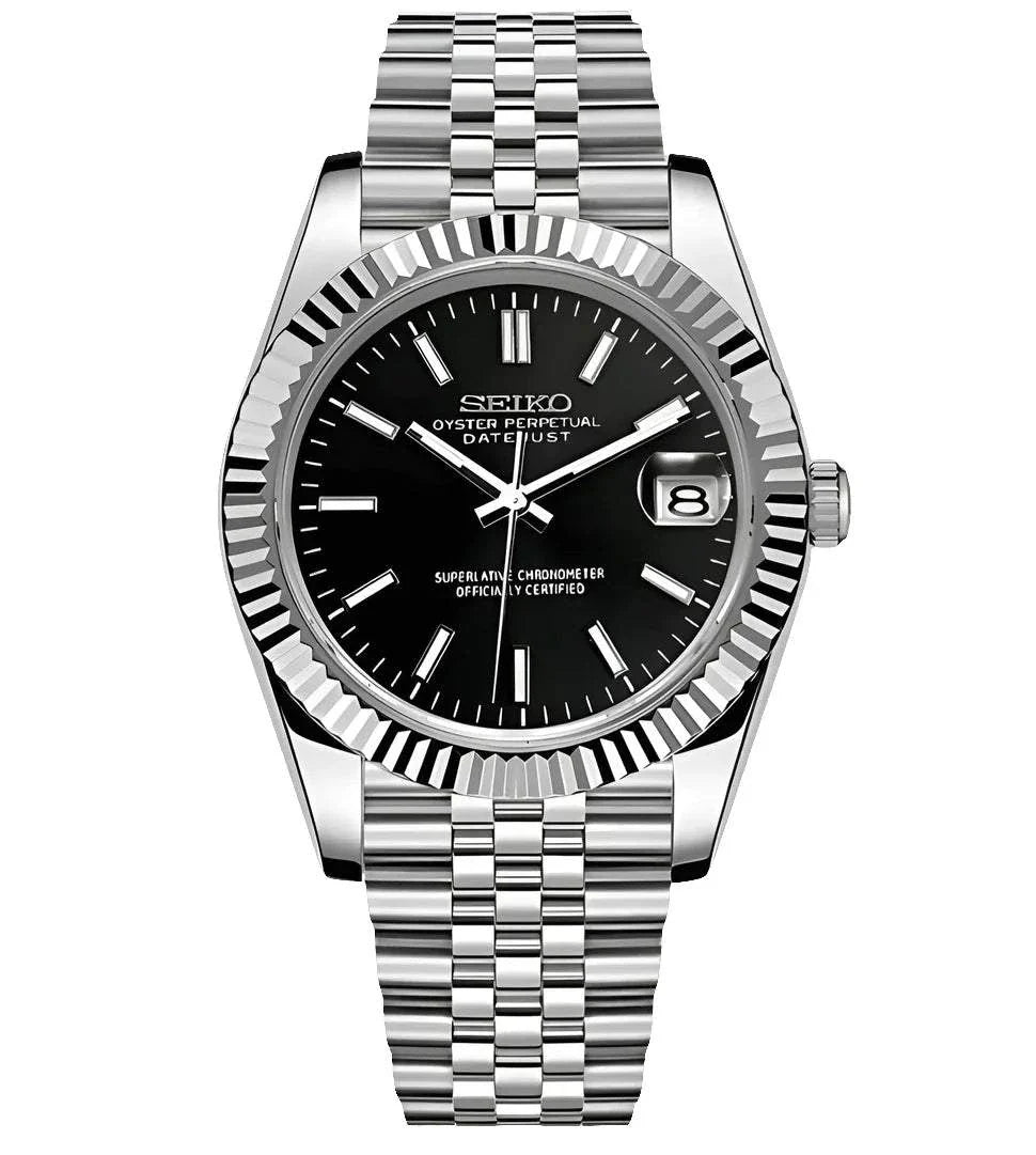 Seiko Mod Ladies Datejust Black Watch with stainless steel bracelet and date display