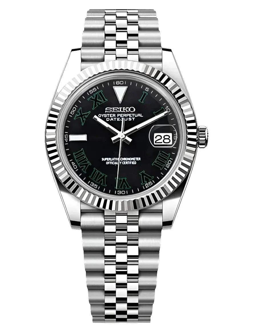 SEIKO MOD Ladies Datejust watch with black Wimbledon dial, stainless steel bracelet, date display, and sapphire crystal.