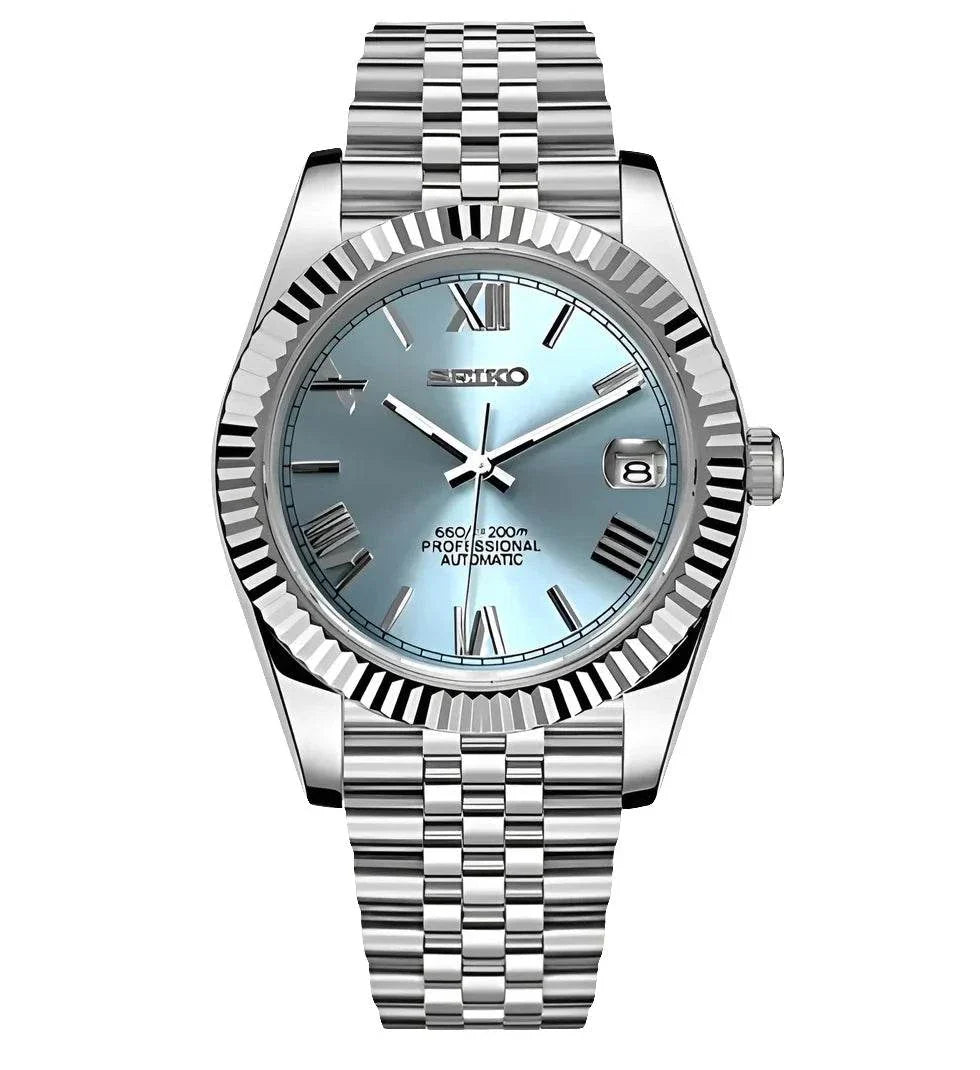 Seiko Datejust Watch with ice blue dial and Roman numerals, stainless steel bracelet, and date-just feature