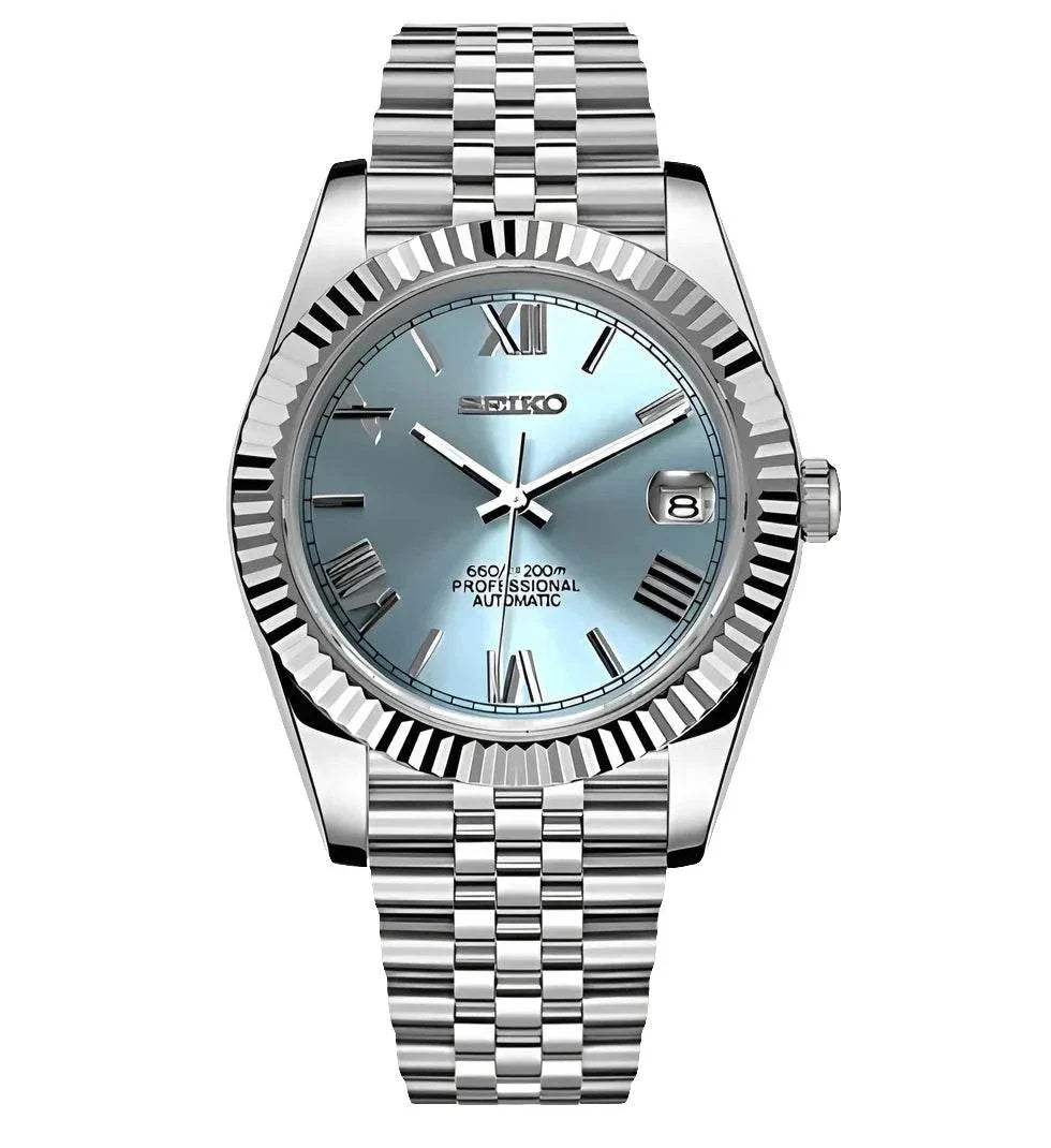 Seiko Datejust Watch with ice blue Roman dial and stainless steel bracelet