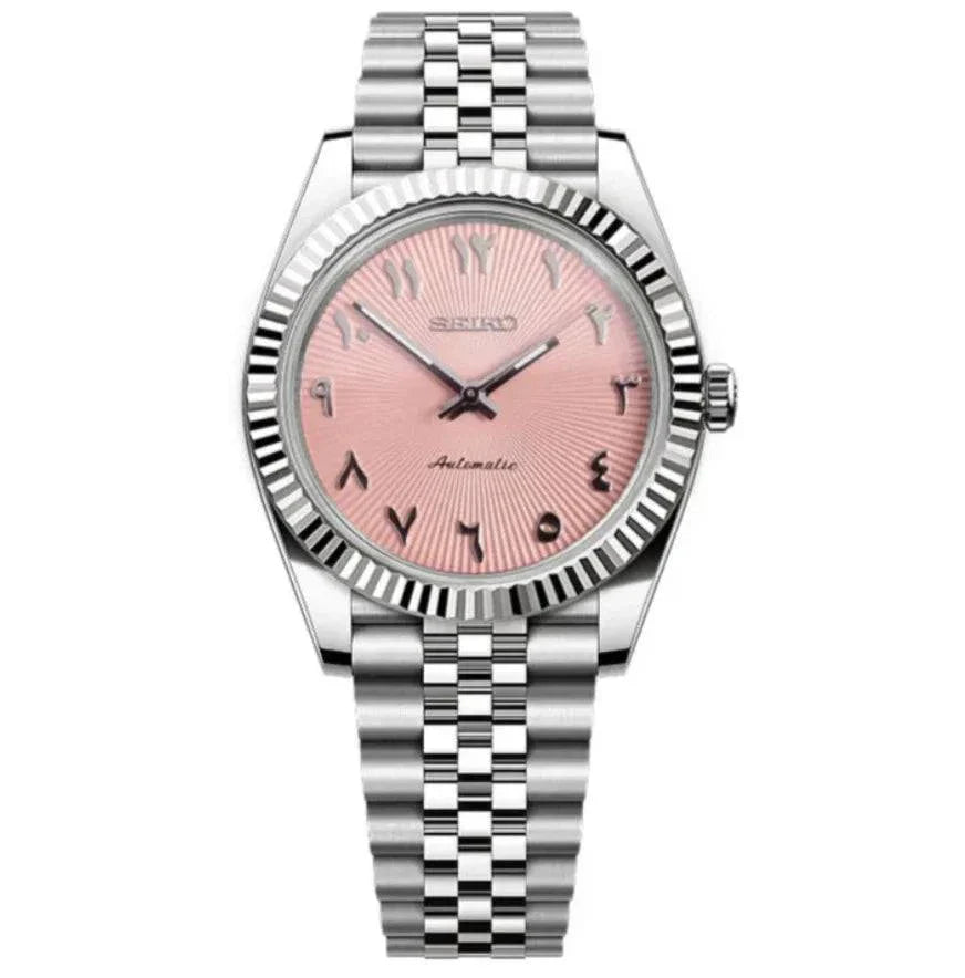 Seiko Datejust Watch with pink dial and Arabic numerals, stainless steel bracelet, automatic movement