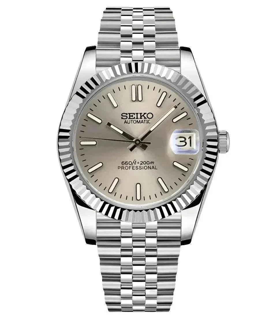 Seiko Datejust Watch with Roman numerals and champagne dial, stainless steel bracelet, automatic movement, and sapphire crystal glass