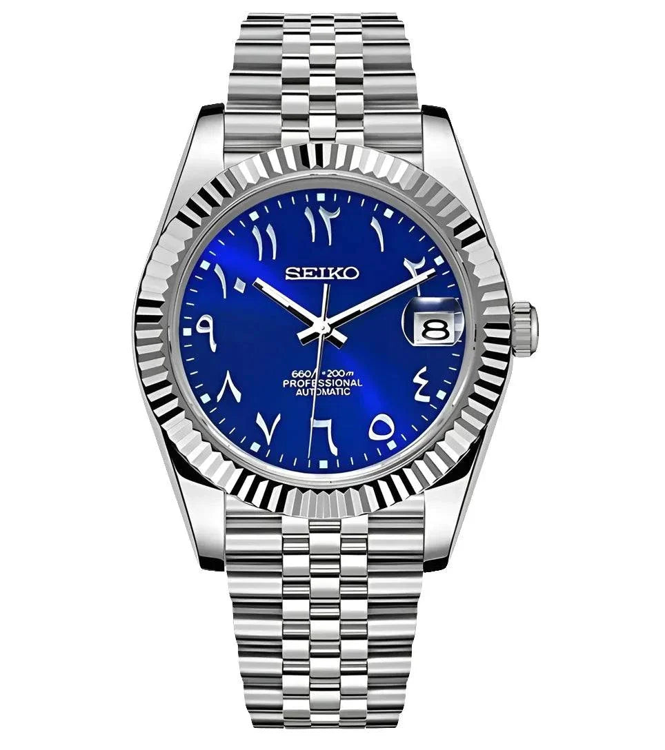 Seiko Datejust Watch with sapphire blue dial, Arabic numerals, stainless steel bracelet, and date display