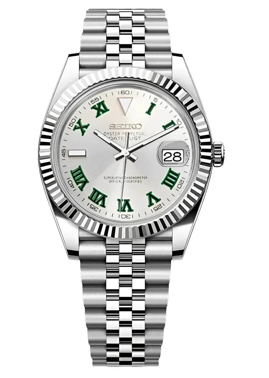 Silver Datejust Watch with green Roman numerals and stainless steel bracelet, Wimbledon Ladies Edition by SEIKO