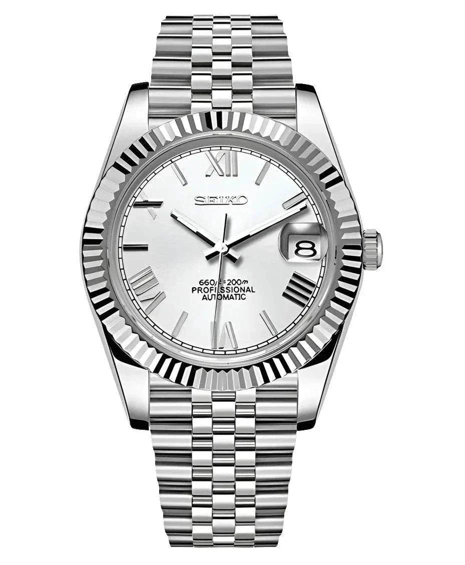 Seiko Mod Datejust white dial Roman numeral ladies watch with stainless steel bracelet
