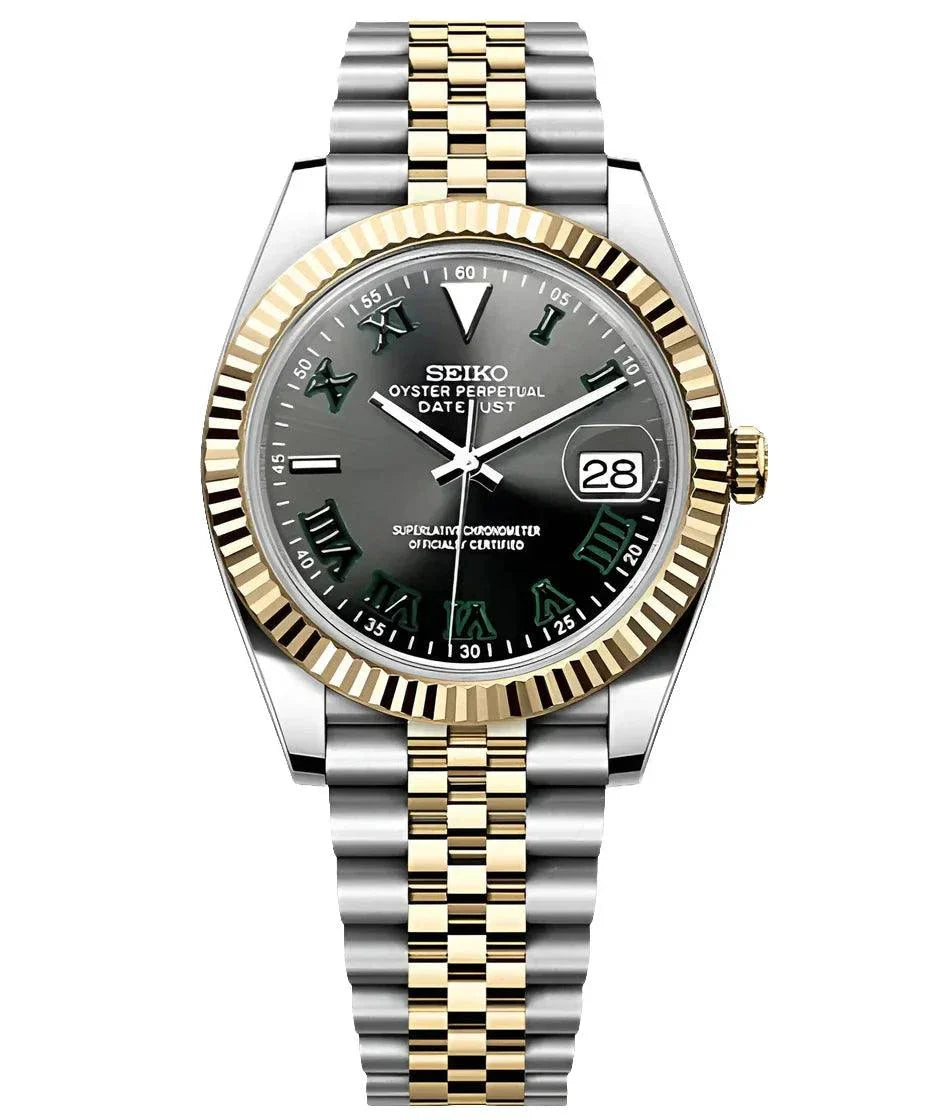 Datejust watch with two-tone stainless steel and gold bracelet, black dial with Roman numerals, and date display at 3 o'clock