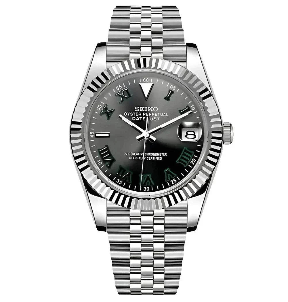 Seiko Mod Custom Datejust Watch Wimbledon Edition with stainless steel bracelet and black dial