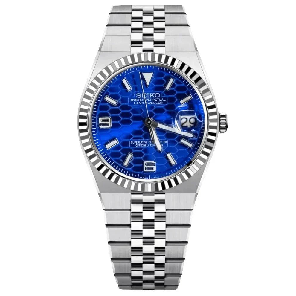 Seiko Land-Dweller Watch with blue dial, 39mm polished 904L steel case, integrated jubilee bracelet, NH35 automatic movement, sapphire crystal, and 50m water resistance