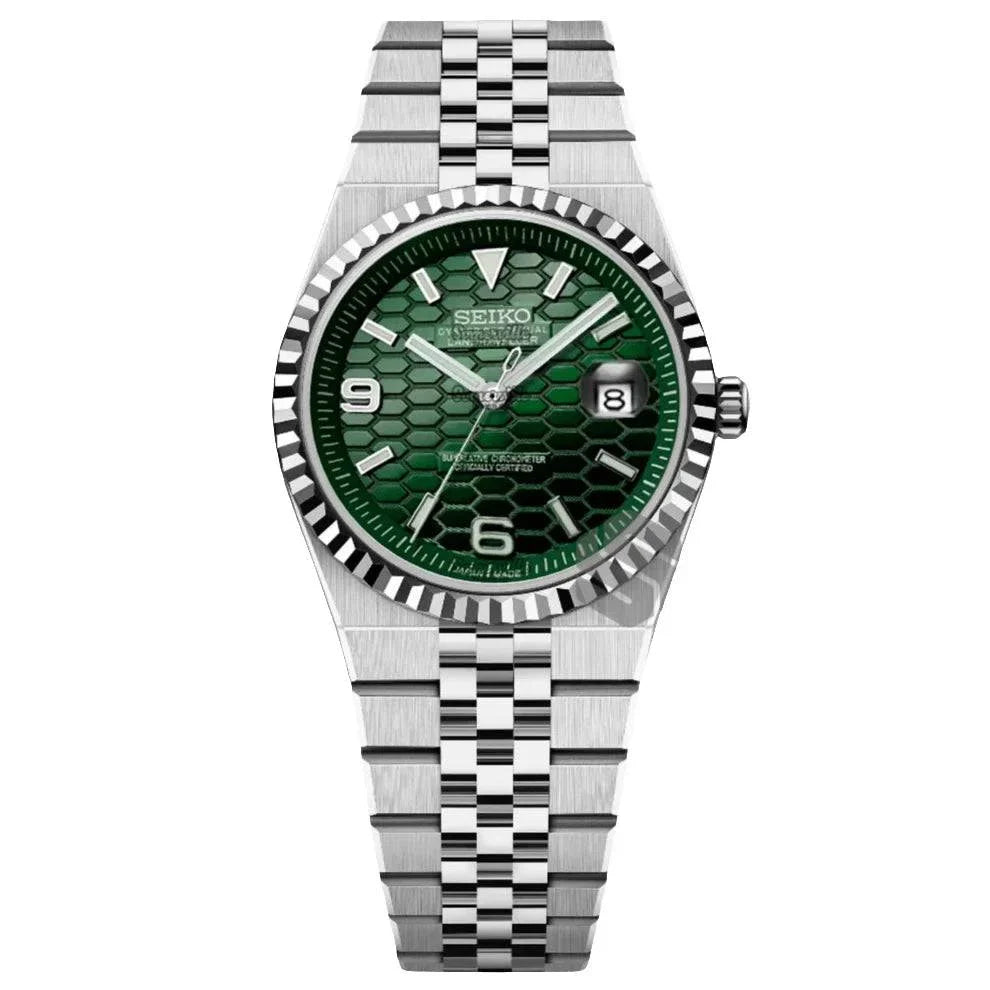 Seiko Land-Dweller Watch Mod Green Edition with 39mm stainless steel case and textured green dial