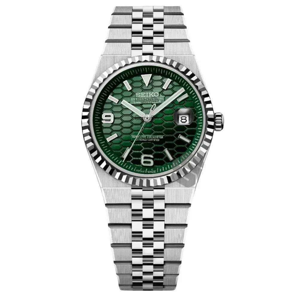 Seiko Land-Dweller Watch Mod Green Edition with stainless steel case and jubilee bracelet, green textured dial, sapphire crystal, and NH35 automatic movement