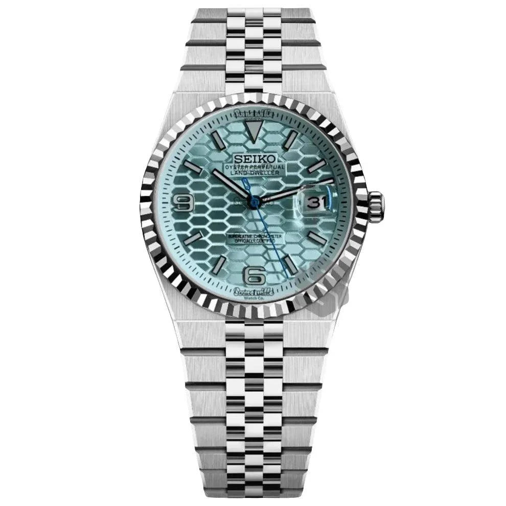 Seiko Mod Land-Dweller watch with 39mm polished stainless steel case, blue patterned dial, integrated jubilee bracelet, sapphire crystal, and NH35 automatic movement