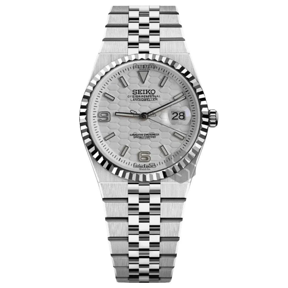 Seiko Land-Dweller Watch White Edition with NH35 automatic movement, 39mm polished stainless steel case, integrated jubilee bracelet, scratch-resistant sapphire crystal, and 50m water resistance