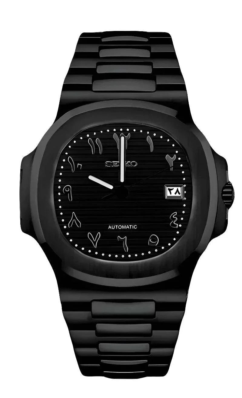Nautilus Watch with black Arabic dial, 41mm stainless steel case, automatic Seiko NH38 movement, and sapphire crystal glass.