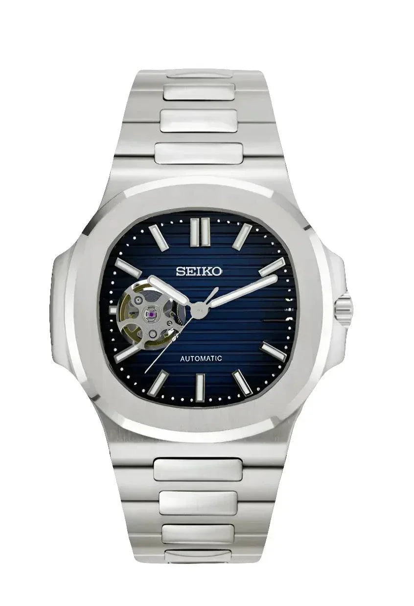 Seiko Nautilus Watch Mod Black Open Heart Edition with stainless steel bracelet and open heart dial showcasing automatic movement