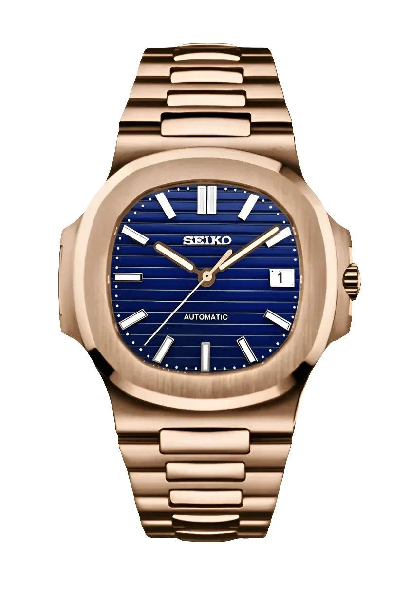 Nautilus Watch Mod Blue Rose Edition with blue dial, rose gold stainless steel case, and automatic movement